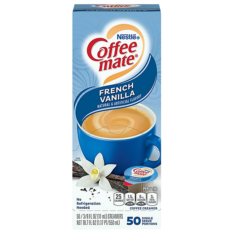 Front of Coffee-Mate French Vanilla Liquid Creamer box showing blue packaging, French Vanilla flavour label, and cream in a cup (50 single serve portions).