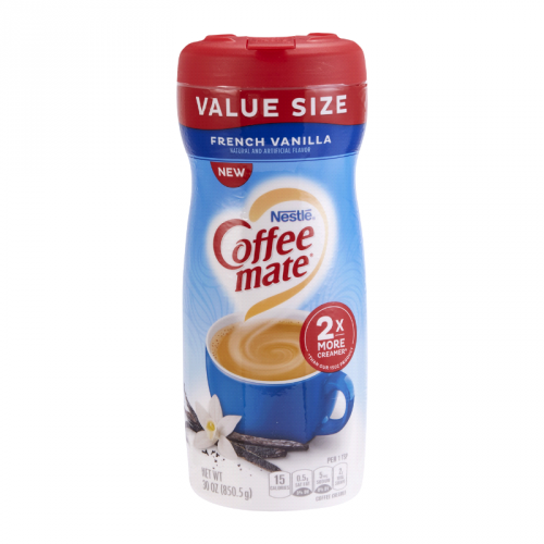 Front of Coffee-Mate French Vanilla Powder container showing blue cup logo, value size indication, and rich creamy vanilla flavour (850.5g pack)