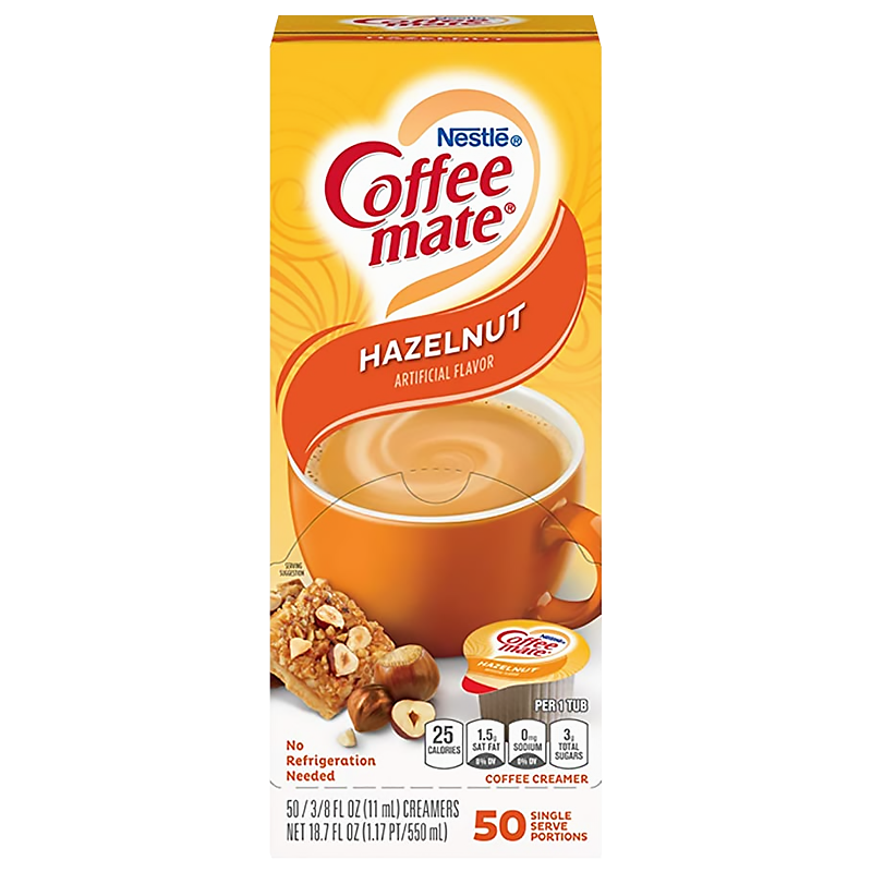 Front of Coffee-Mate Hazelnut Liquid Creamer package showing logo, hazelnut flavour label, and details for 50 single serve portions (710g)