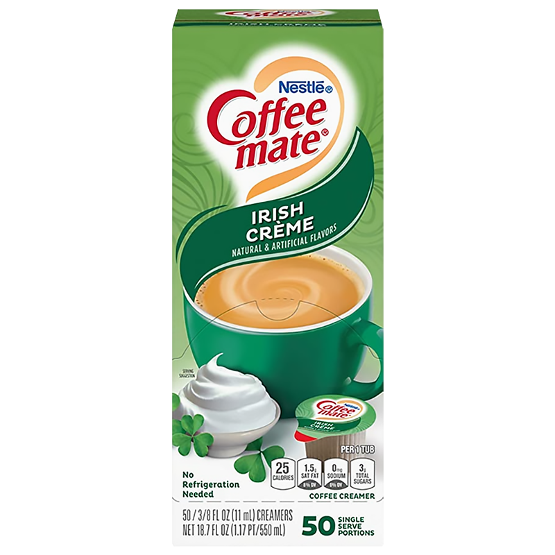 Front of Coffee-Mate Irish Crème Liquid Creamer tub showing logo, Irish crème flavour, and a cup of coffee illustration (50 single serve portions, 710g)