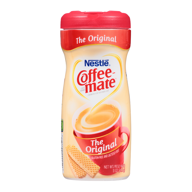 Front of Coffee-Mate Original Powdered Creamer bottle showing the logo, creamy coffee cup image, and gluten-free label (312g pack)