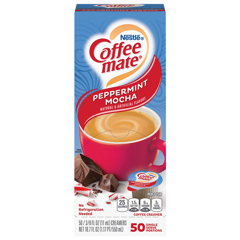 Front of Coffee-Mate Peppermint Mocha Liquid Creamer box showing red logo, peppermint mocha flavour, and 50 single serve portions (710g)