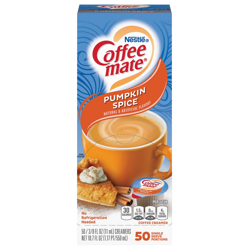 Front of Coffee-Mate Pumpkin Spice Liquid Creamer box showing the logo, pumpkin spice flavour label, and a cup of coffee (50 single serve portions, 710g)