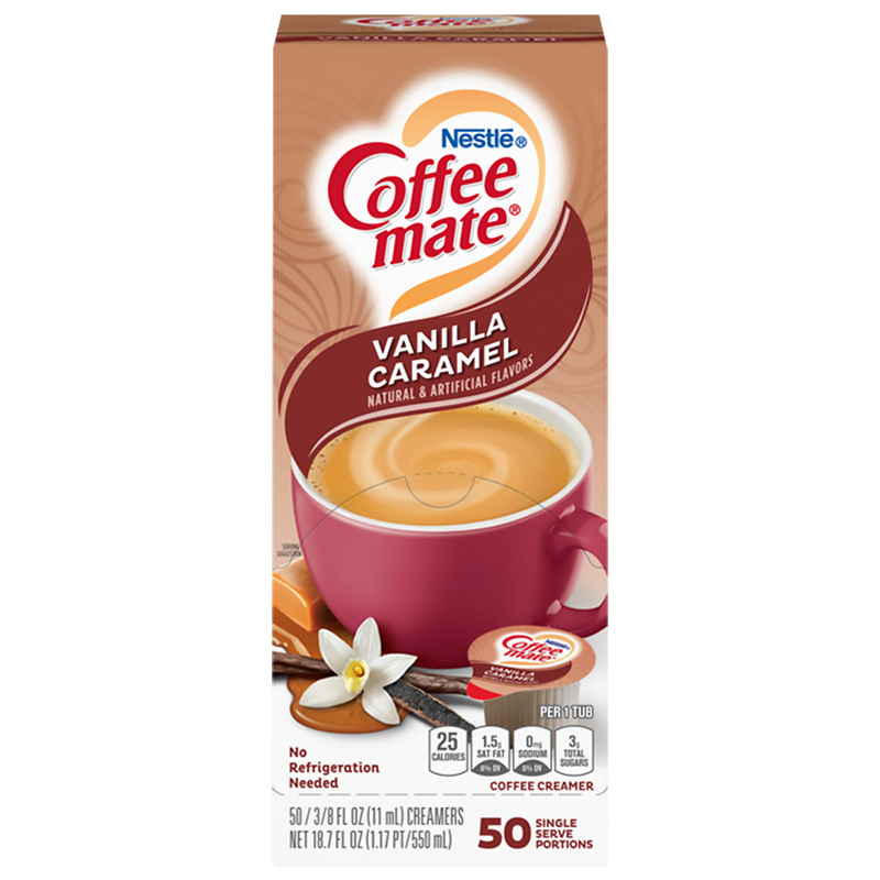 Front of Coffee-Mate Vanilla Caramel Liquid Creamer packaging showing brand logo, vanilla and caramel flavour, and 50 single serve portions (710g)