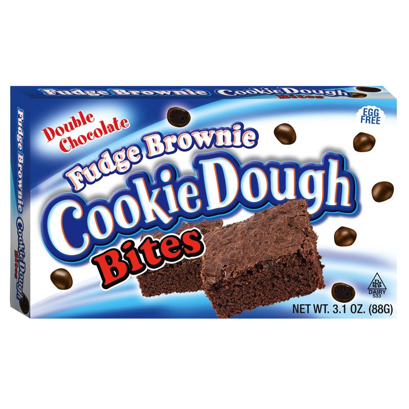 Front of Cookie Dough Bites Fudge Brownie box showing rich fudge brownie imagery, product title, and 88g pack size.
