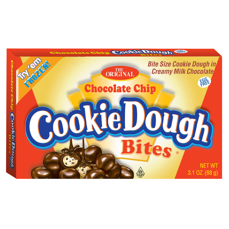 Front of Cookie Dough Bites Chocolate Chip Theatre Box showing bright packaging, logo, and bite-sized cookie dough pieces in creamy milk chocolate (88g pack)