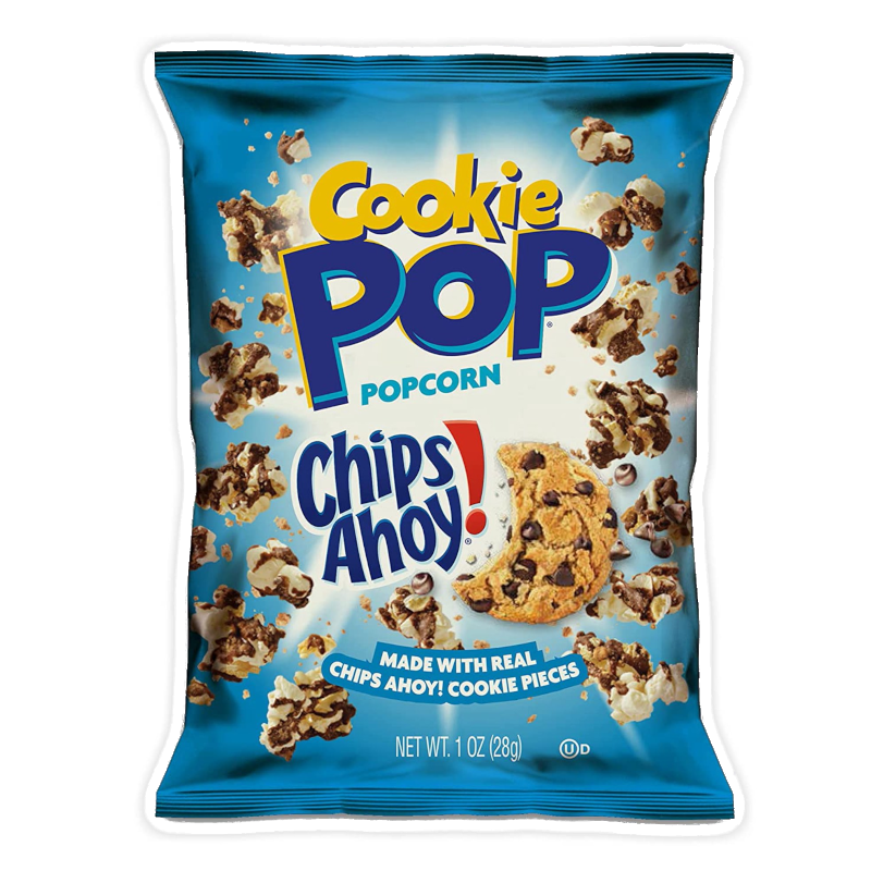 Front of Cookie Pop Chips Ahoy! Popcorn bag featuring bright blue and white design with Chips Ahoy! cookie pieces and popcorn (28g pack)