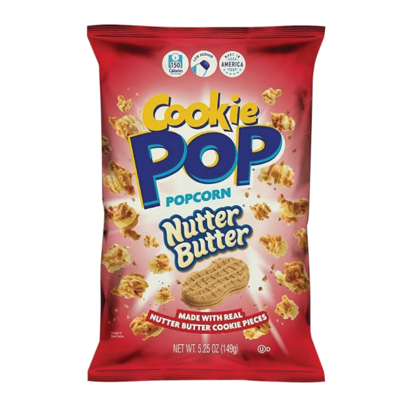Front of Cookie Pop Nutter Butter Popcorn BIG BAG (149g) featuring a red bag with prominent logo and images of popcorn and Nutter Butter cookie pieces.