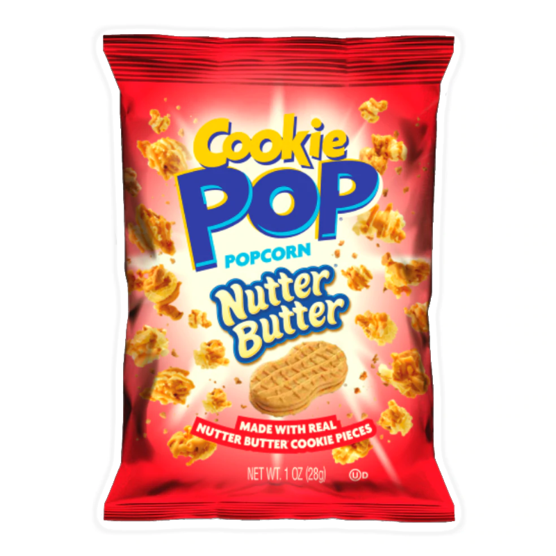 Front of Cookie Pop Nutter Butter Popcorn bag showing vibrant red design with Cookie Pop logo, Nutter Butter flavour text, and cookie pieces (28g pack)