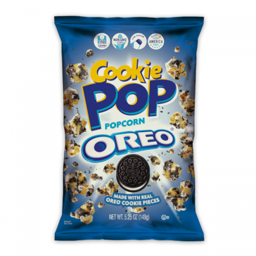 Front of Cookie Pop Oreo Popcorn bag featuring blue packaging, Oreo logo, and images of popcorn and cookie pieces (149g pack)