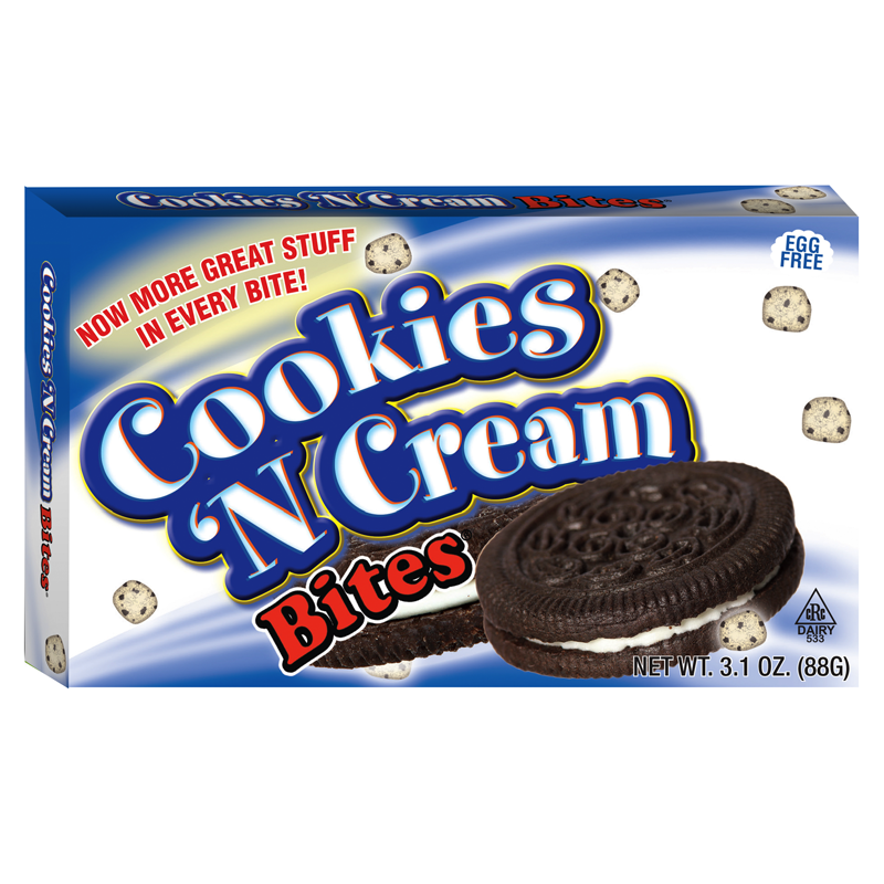 Front of Cookies N Cream Bites Theatre Box showing bold logo, cookie images, and 88g pack size.