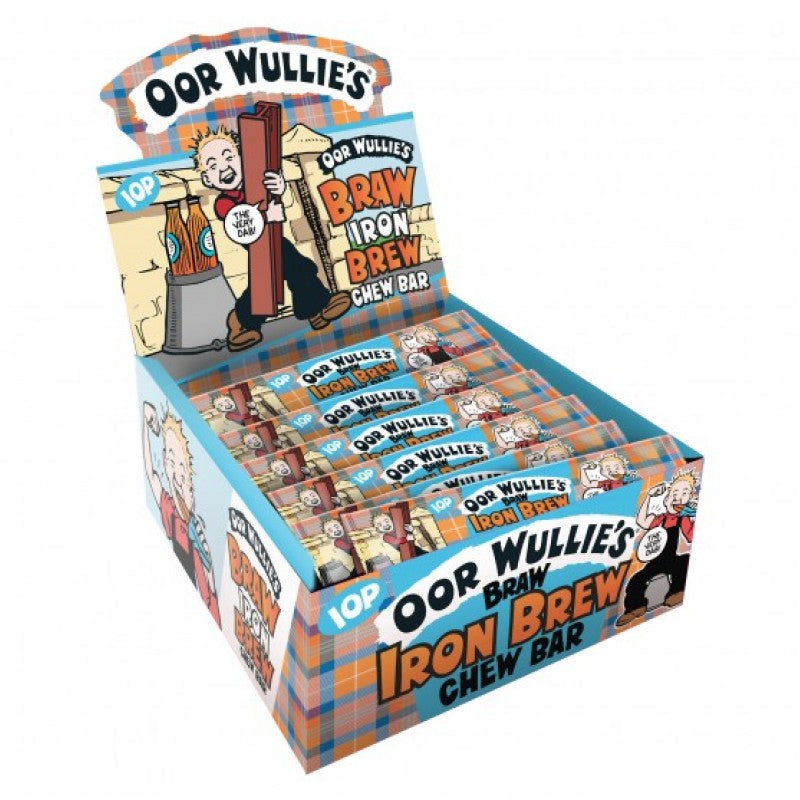 Front of Oor Wullie's Braw Iron Brew Chew Bar full box showing the brand logo, cartoon character, and the packaging design with 72 x 11g chewy bars
