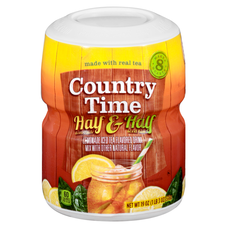 Front of Country Time Half and Half Lemonade Tea Drink Mix Tub showing brand logo, flavour details, and pack size (538g)