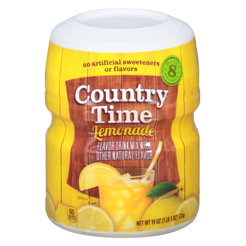Front of Country Time Lemonade Drink Mix Tub showing the yellow design, lemonade flavour label, and 538g pack size