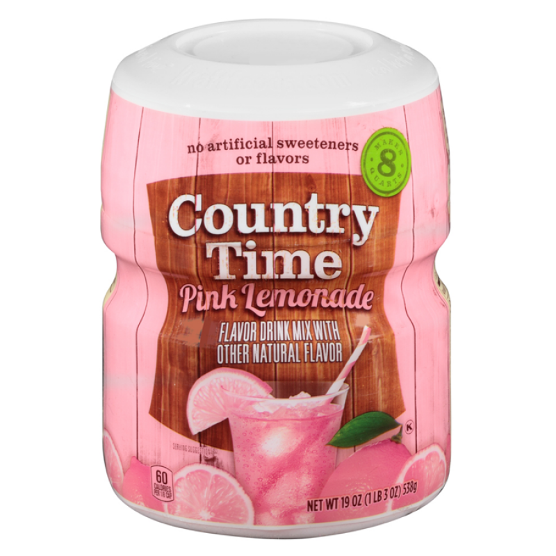 Front of Country Time Pink Lemonade Drink Mix Tub showing brand logo, pink lemonade flavour, and 538g pack size with an image of lemonade and lemons.
