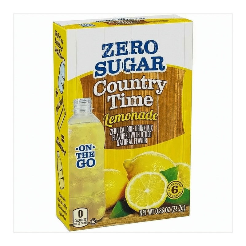 Front of Country Time Singles to Go Lemonade box featuring the logo, image of lemons, and the pack size (23.7g)
