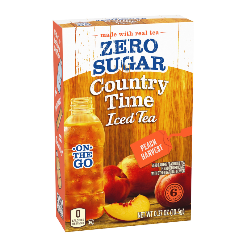 Front of Country Time Singles to Go Peach Iced Tea box featuring the brand logo, peach flavour, and 10.5g pack size.