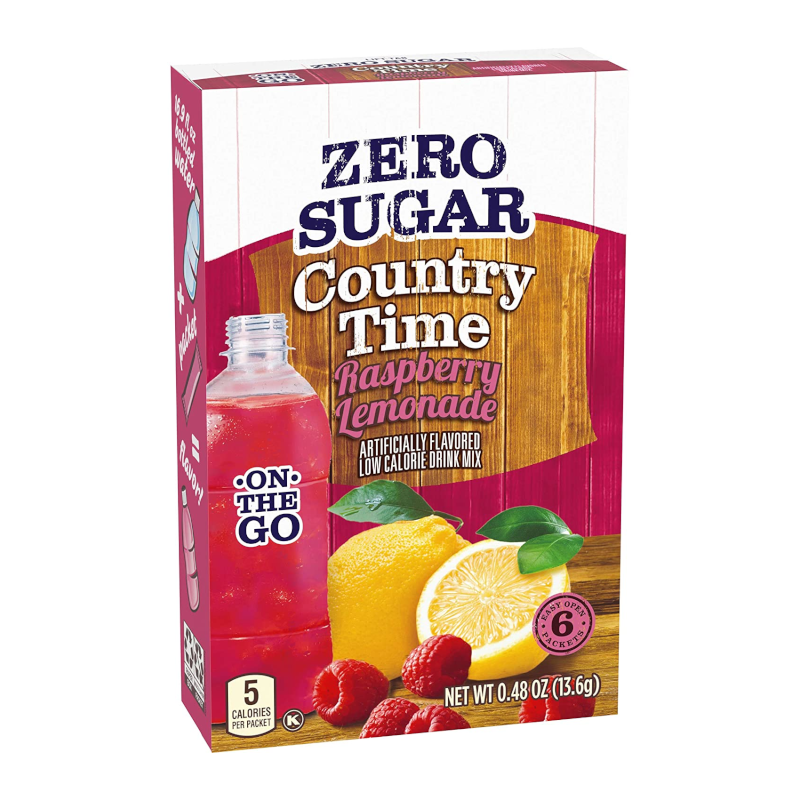 Front of Country Time Singles to Go Raspberry Lemonade box showing logo, raspberry lemonade flavour label, and pack size (13.6g)