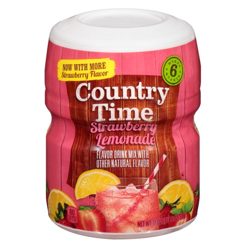 Front of Country Time Strawberry Lemonade Drink Mix Tub showing the brand logo, strawberry lemonade flavour, and vibrant drink imagery (538g)