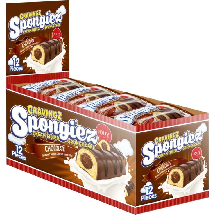 Front of Cravingz Chocolate Spongiez box showing colourful packaging with the product name, chocolate flavour, and 12 pieces (40g).