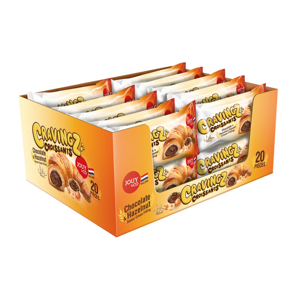 Front of Cravingz Chocolate Hazelnut Filled Croissants packaging showing logo, chocolate hazelnut imagery, and details of 40g size.