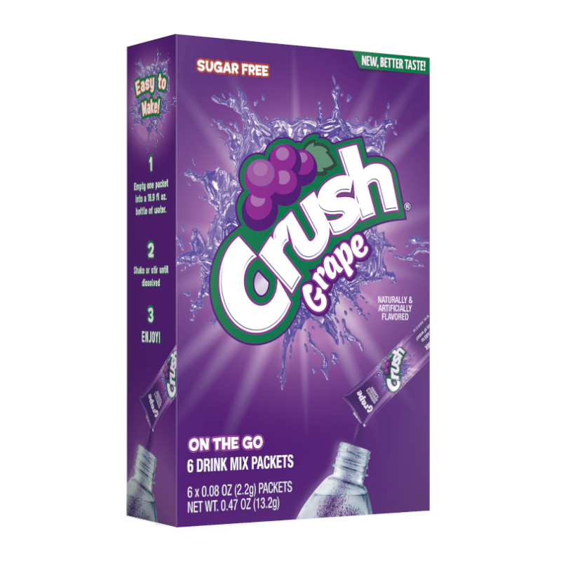 Front of Crush Grape Singles To Go box showing vibrant purple packaging, grape flavour details, and six drink mix packets (13.2g pack)