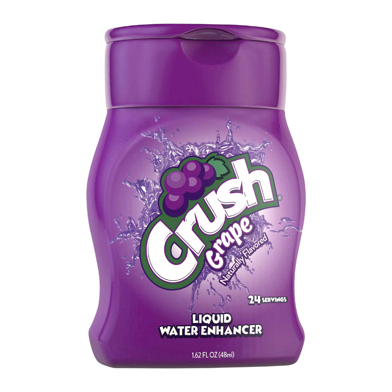 Front of Crush Liquid Water Enhancer Grape bottle showing purple design, logo, and details with pack size of 48ml.