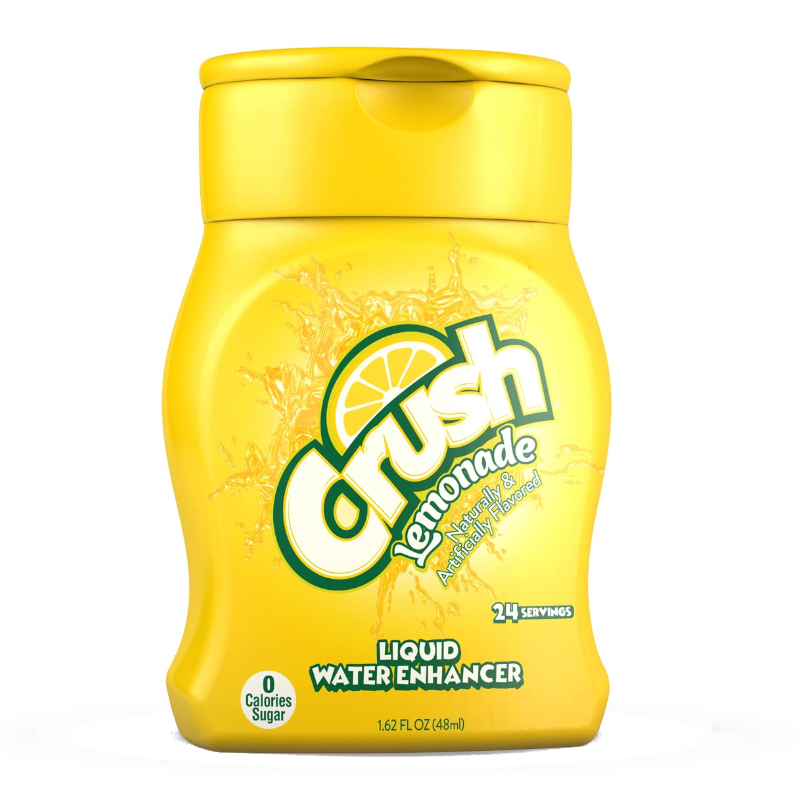 Front of Crush Liquid Water Enhancer Lemonade bottle featuring bold yellow label, the logo, and details of 48ml size with lemonade flavour.