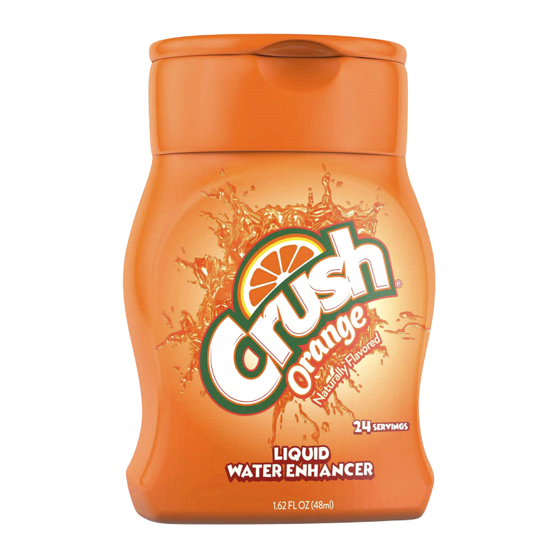 Front of Crush Liquid Water Enhancer Orange bottle showing the logo, orange flavour label, and pack size (48ml)