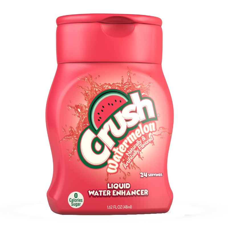 Front of Crush Liquid Water Enhancer bottle showing bright pink label, watermelon flavour, and 48ml size with logo