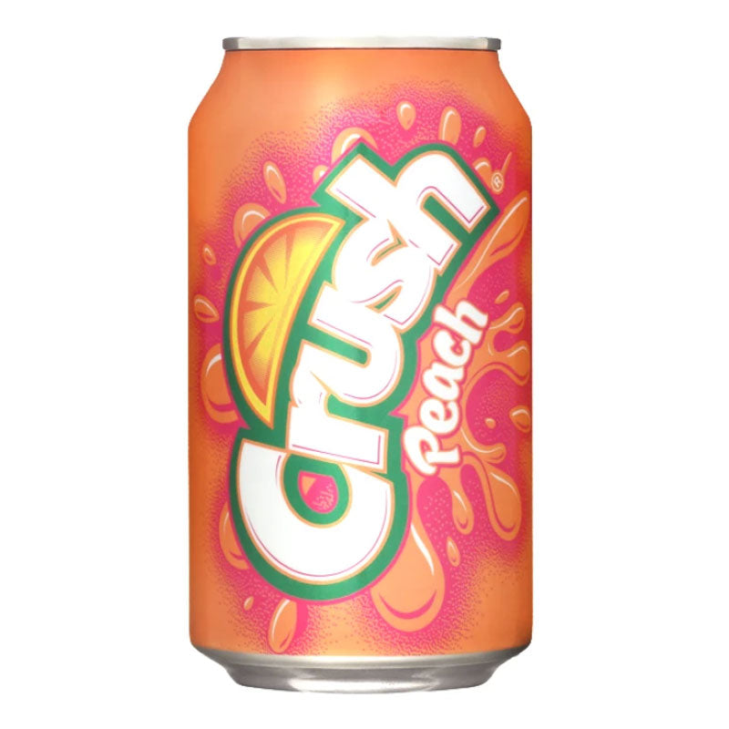 Front of Crush Peach can showing bright orange design, logo, peach flavour, and 355ml size.
