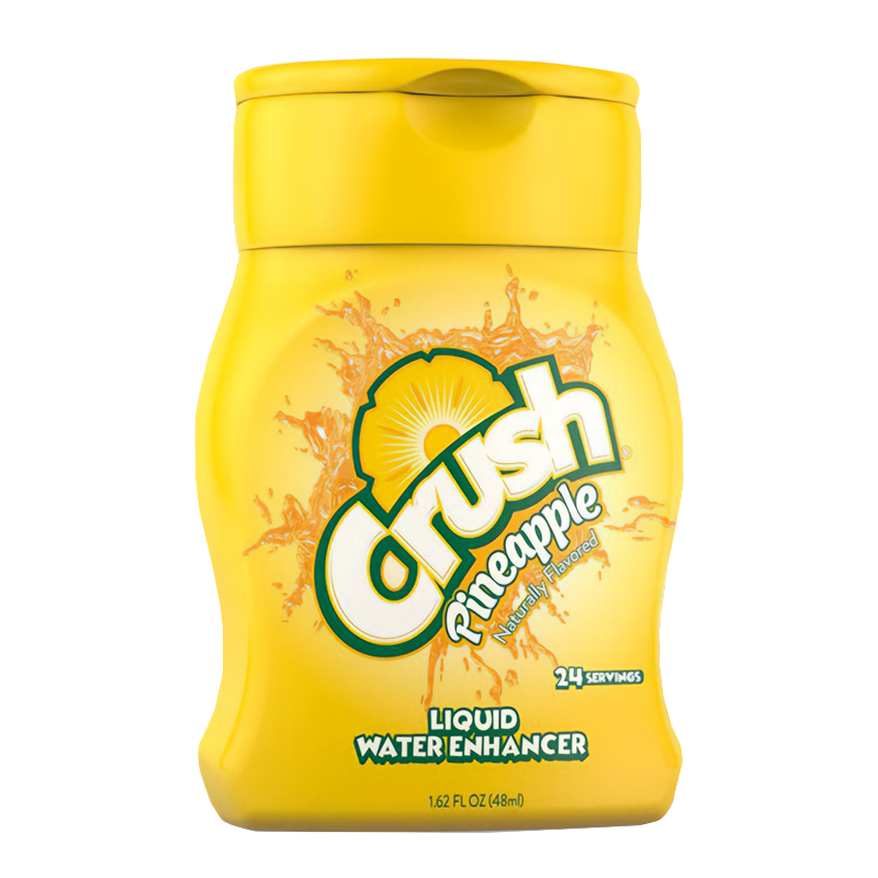 Front of Crush Liquid Water Enhancer Pineapple bottle showing bright yellow packaging with logo, pineapple design, and 48ml size.
