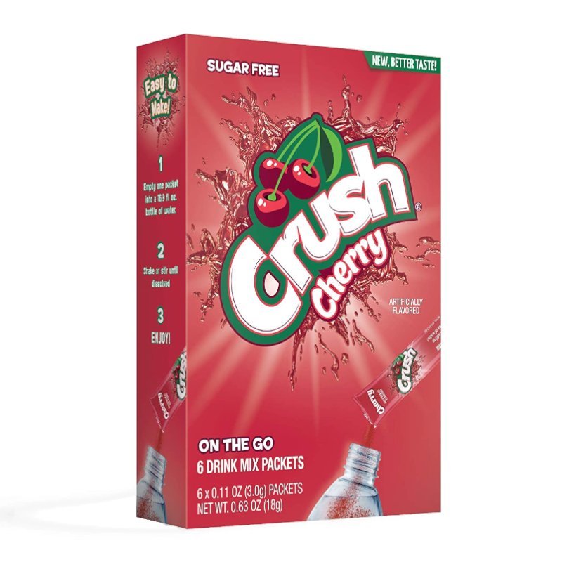 Front of Crush Cherry Singles To Go box featuring bold red packaging, cherry graphics, and 6 drink mix packets (18g total)