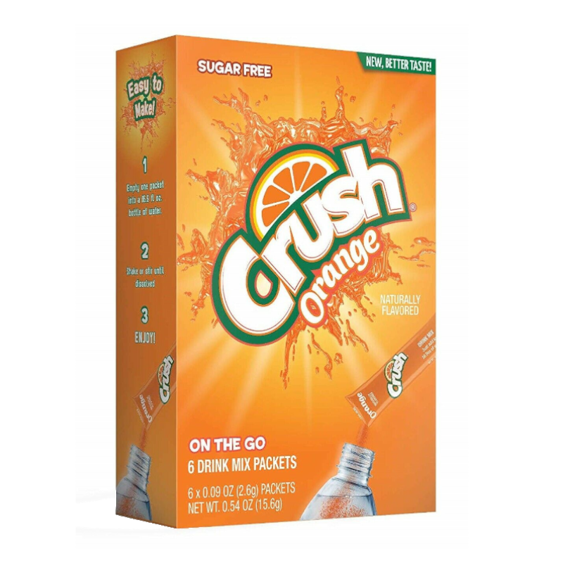 Front of Crush Orange Singles To Go box showing vibrant orange background, Crush logo, and details about sugar-free orange drink mix packets (15.6g)