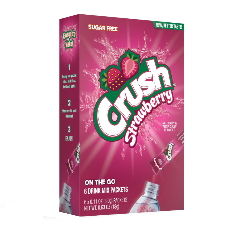 Front of Crush Strawberry Singles To Go box featuring a pink design, strawberry flavour details, and pack size of 6 drink mix packets (18g)