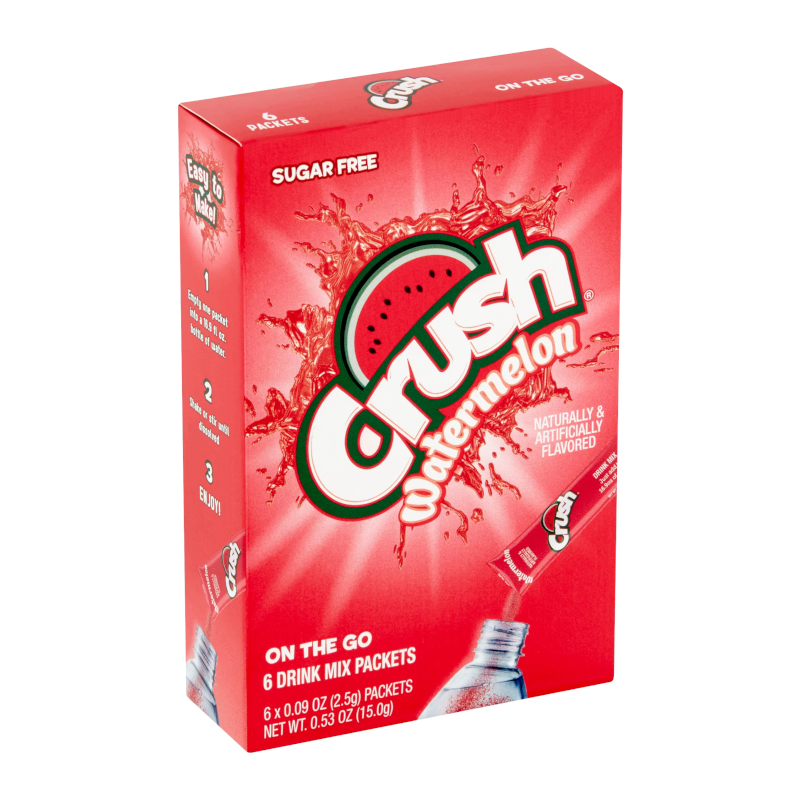 Front of Crush Watermelon Singles To Go box showing bright red packaging, watermelon flavour label, and details of 6 drink mix packets (15g total)
