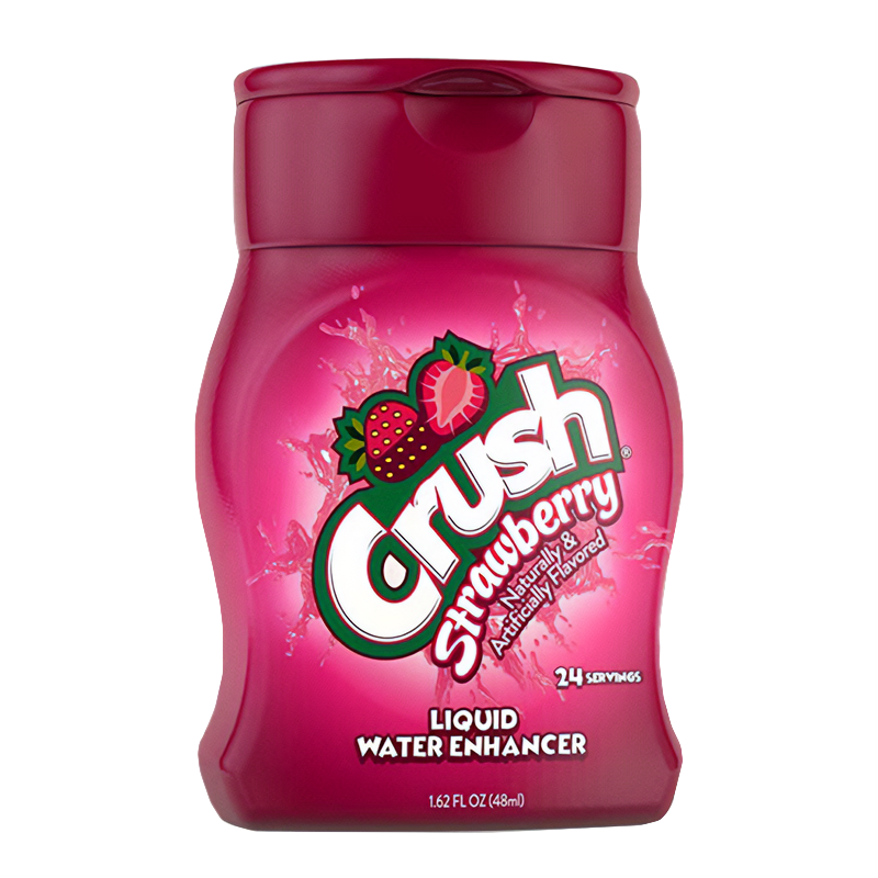 Front of Crush Liquid Water Enhancer bottle showing bright pink label with logo, strawberry illustration, and product details (48ml)