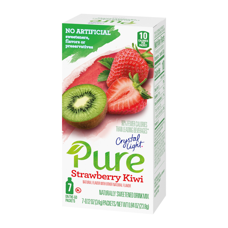Front of Crystal Light Pure Singles to Go Strawberry Kiwi box showing green logo, strawberry and kiwi images, and 7 individual packets (23.8g total)