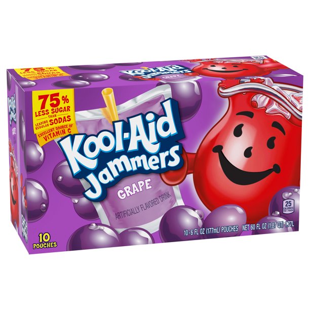 Front of Kool Aid Jammers Grape box showing bold logo and vibrant grape design, with 10 pouches of 177ml each (total 60 fl oz)