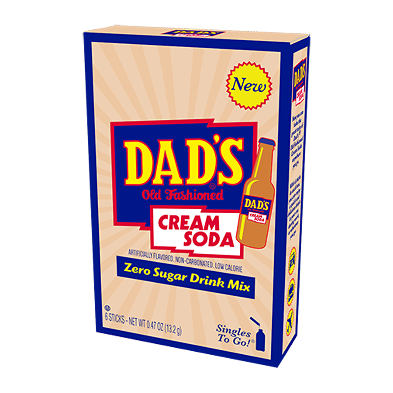 Front of Dad's Old Fashioned Cream Soda Drink Mix box showing logo, cream soda flavour label, and packaging details (15g single-serving sticks)