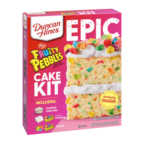 Front of Duncan Hines Epic Fruity Pebbles Cake Mix box showing colourful cake mix and Fruity Pebbles cereal imagery (808g pack)