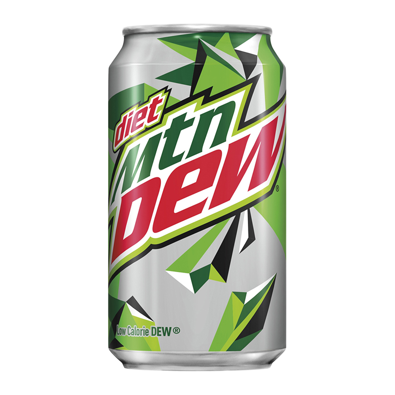 Front of Mountain Dew USA Diet can showing the bold logo, low-calorie label, and vibrant citrus design (355ml pack)