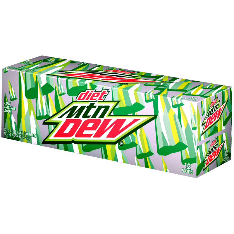 Front of Mountain Dew USA Diet case showing logo, bold citrus flavour design, and 12 cans (355ml each)
