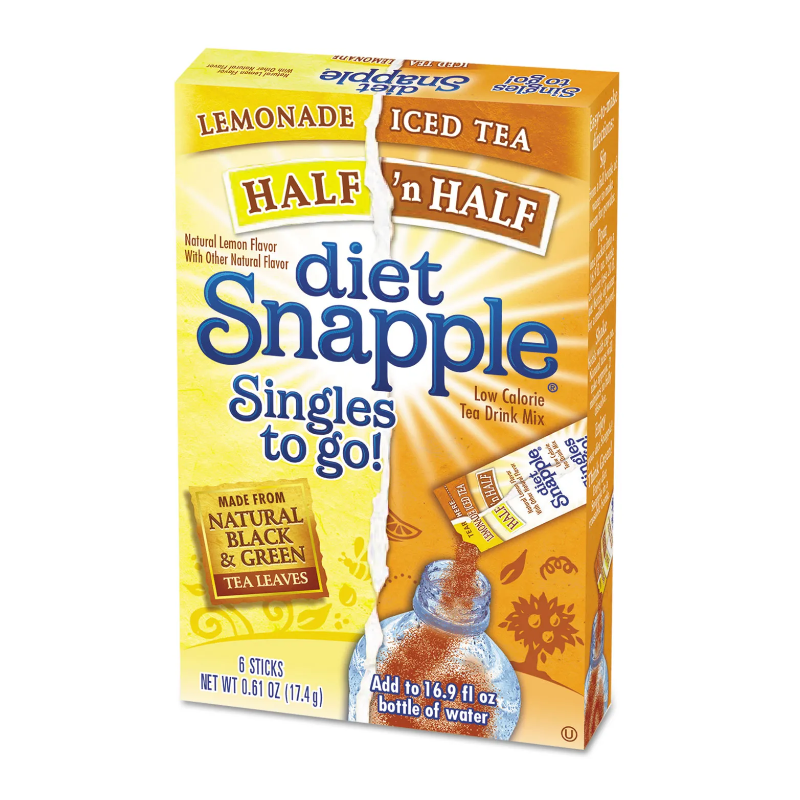 Front of Snapple Half 'n Half Lemonade Tea Singles To Go box showing the logo, lemonade and iced tea blend, and pack size of 17.4g (6 sticks)