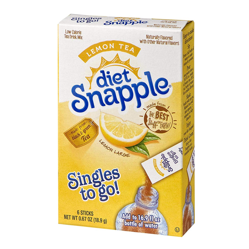 Front of Snapple Lemon Tea Singles To Go box featuring the Snapple logo, lemon tea flavour, and pack size of 18.9g with six sticks inside.