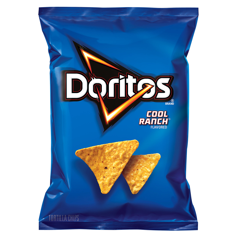 Front of Doritos Cool Ranch Tortilla Chips bag featuring the logo, ranch flavour indication, and two tortilla chips on the packaging (198.4g pack)