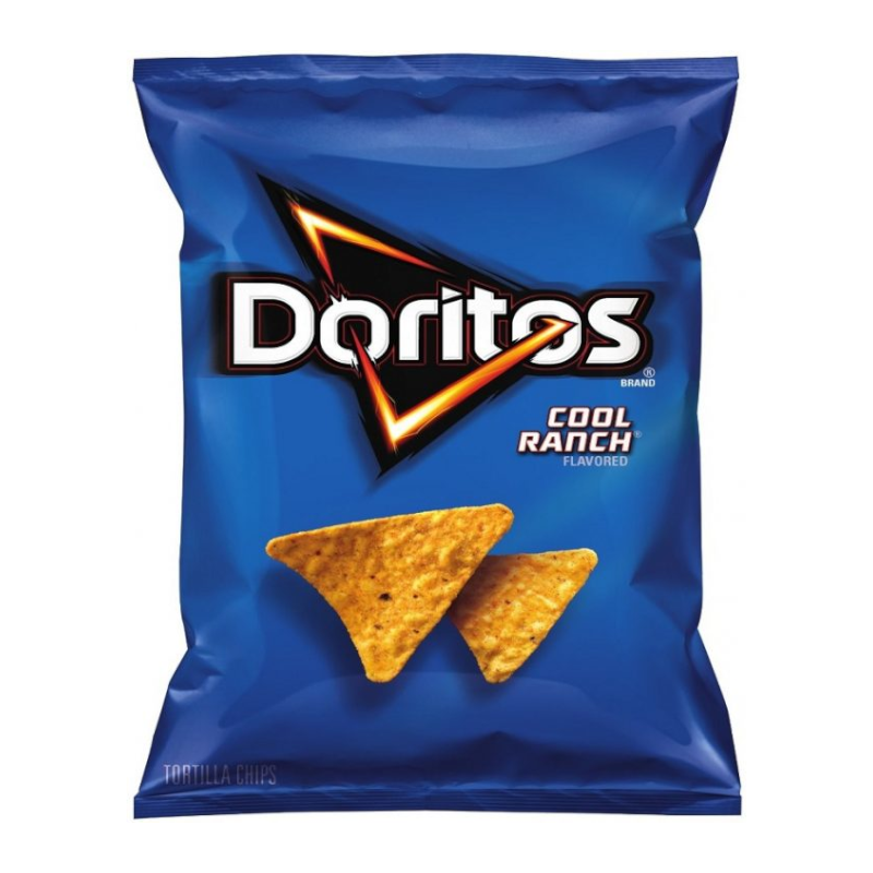 Front of Doritos Cool Ranch Tortilla Chips bag showing blue packaging, bold logo, and triangle-shaped tortilla chips (92g pack)
