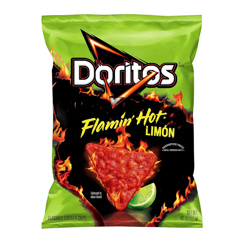 Front of a green bag of Doritos Flamin' Hot Limón showing the logo, flavour details, and image of a chip with lime (49.6g pack)