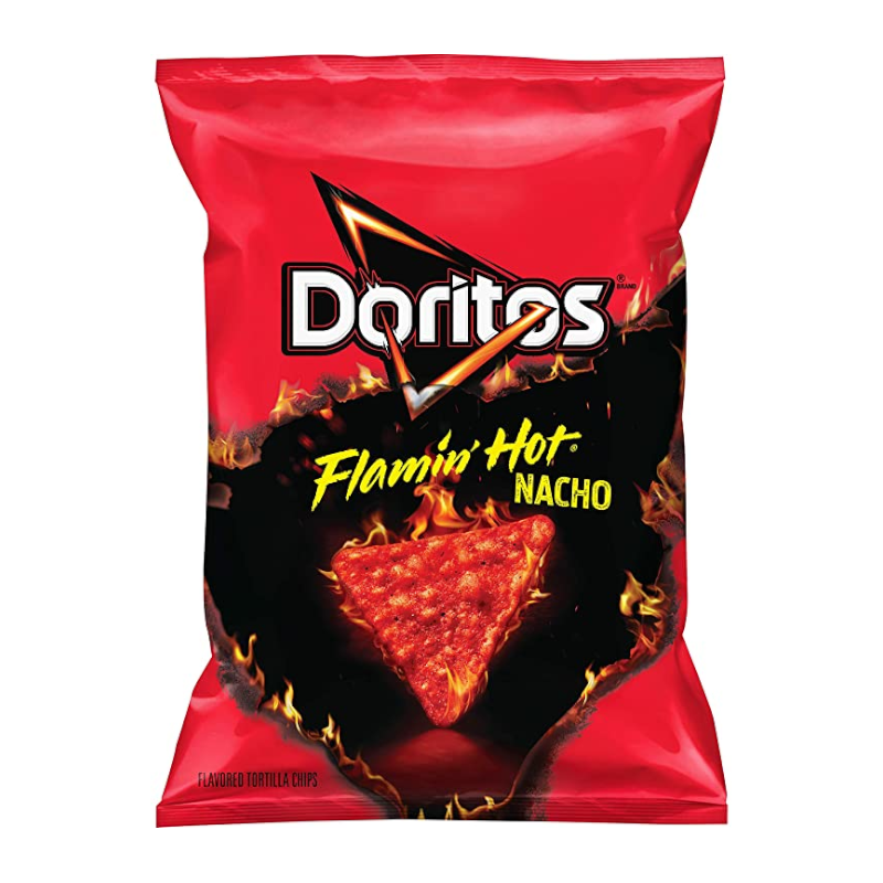 Front of a red bag of Doritos Flamin' Hot Nacho Tortilla Chips (92g) showing the logo and fiery graphics with a triangular chip featured prominently.