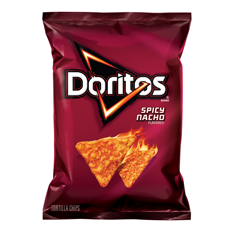 Front of Doritos Spicy Nacho Cheese Corn Chips bag showing bold logo, spicy nacho flavour details, and imagery of corn chips (198.4g pack)